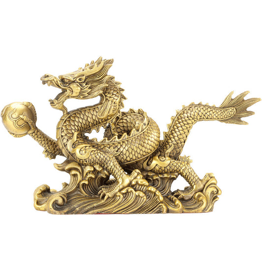 13 inches long, Feng Shui Dragon Statue, Chinese Loong Figurine Ornament Attract Wealth Good Luck Office Home Decor copper Beast Collectible