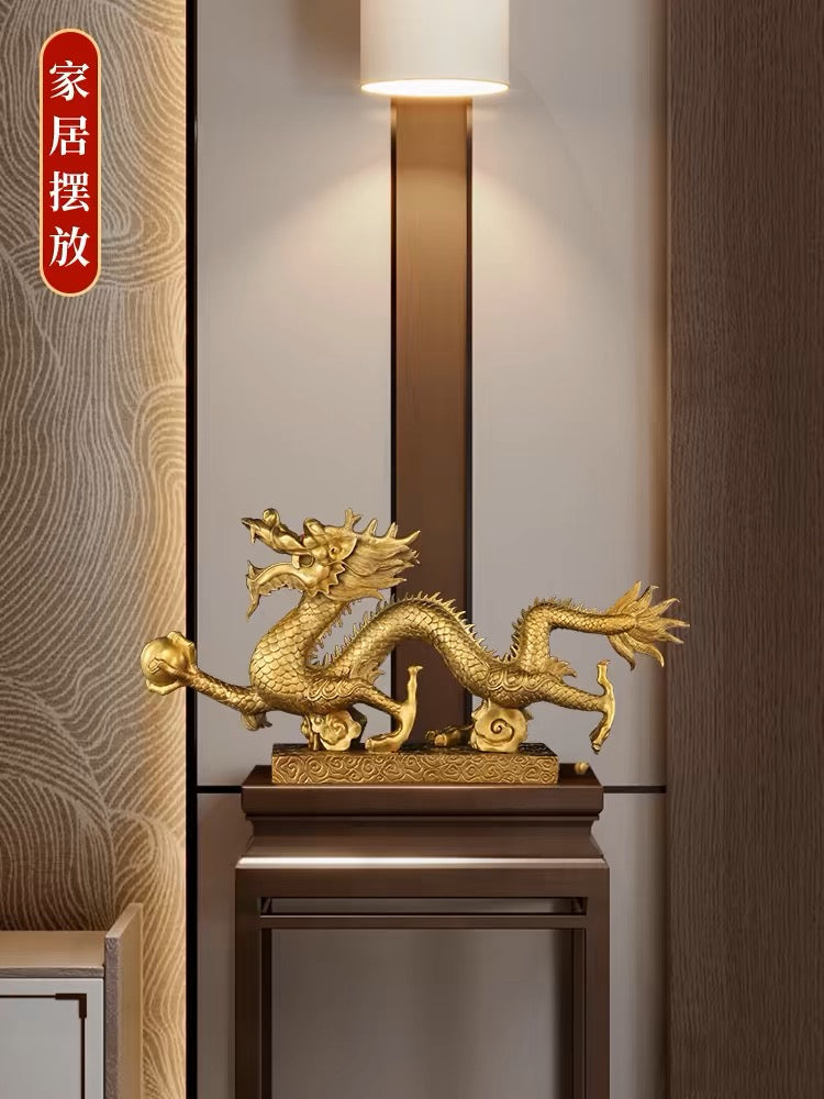 13 inches long, Feng Shui Dragon Statue, Chinese Loong Figurine Ornament Attract Wealth Good Luck Office Home Decor copper Beast Collectible