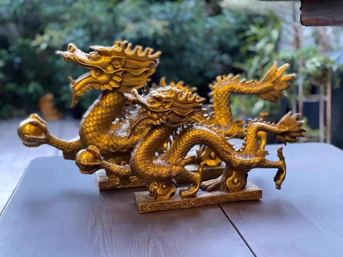 13 inches long, Feng Shui Dragon Statue, Chinese Loong Figurine Ornament Attract Wealth Good Luck Office Home Decor copper Beast Collectible