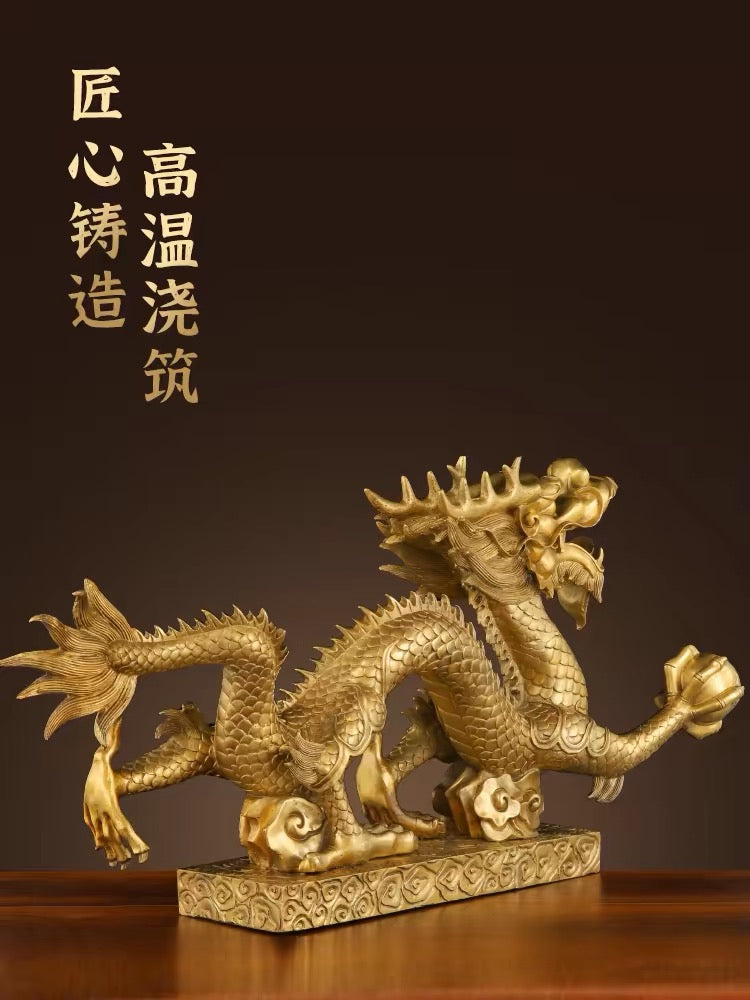 13 inches long, Feng Shui Dragon Statue, Chinese Loong Figurine Ornament Attract Wealth Good Luck Office Home Decor copper Beast Collectible