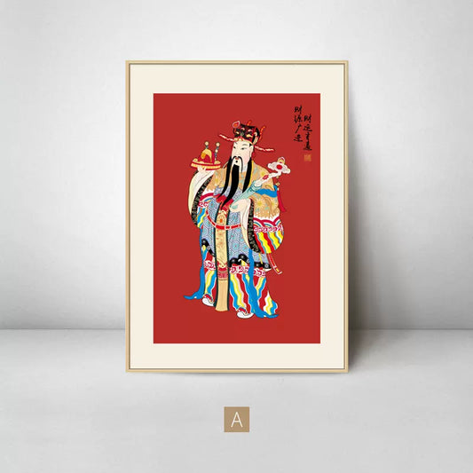 Chinese wealth god painting art replica,wen god of wealth giclee print.Red Background