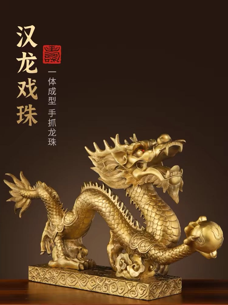 13 inches long, Feng Shui Dragon Statue, Chinese Loong Figurine Ornament Attract Wealth Good Luck Office Home Decor copper Beast Collectible