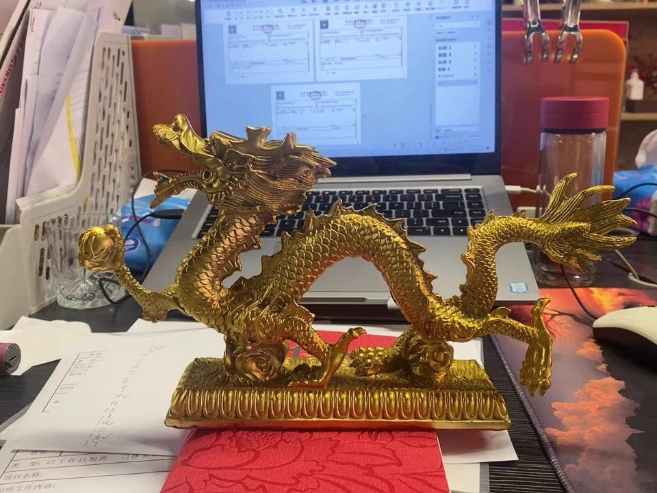 13 inches long, Feng Shui Dragon Statue, Chinese Loong Figurine Ornament Attract Wealth Good Luck Office Home Decor copper Beast Collectible