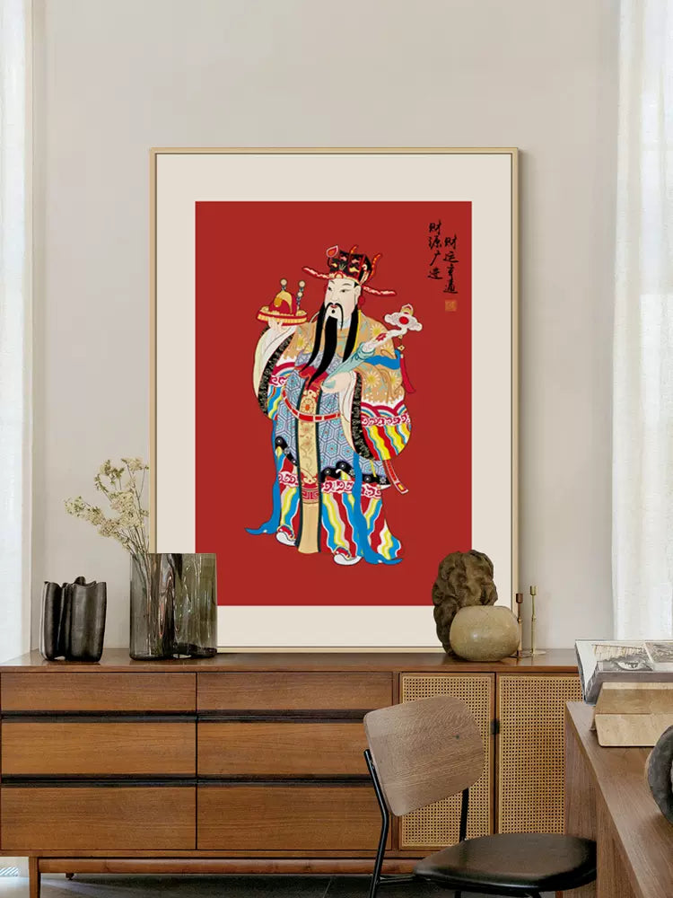 Chinese wealth god painting art replica,wen god of wealth giclee print.Red Background